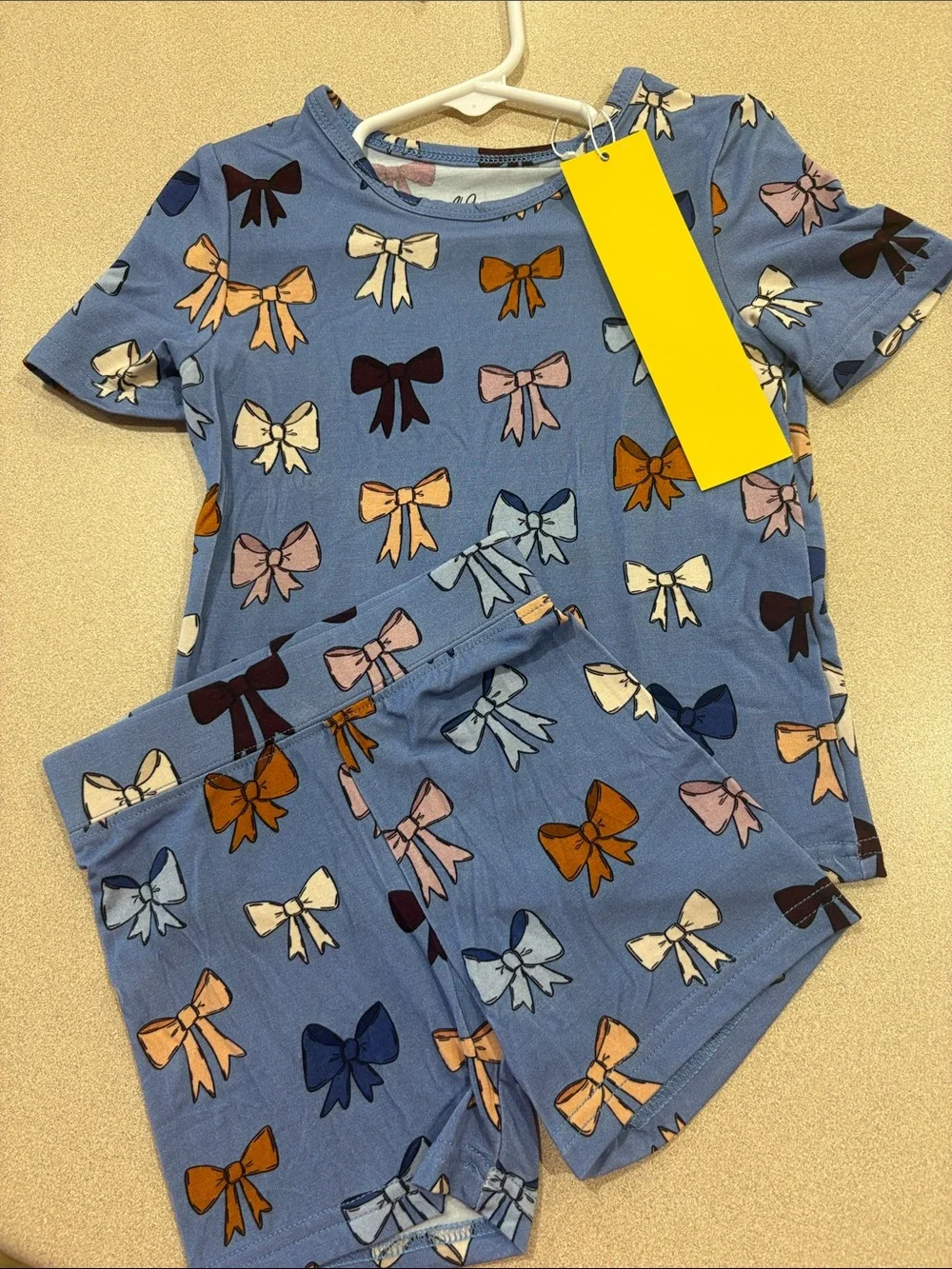 Kids Blue Bamboo Bow-Print Short Pajama Set
